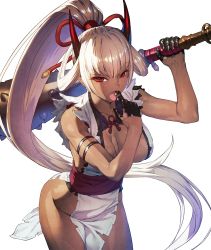Rule 34 | 1girl, arm strap, arm up, bare shoulders, black gloves, breasts, chyko, cleavage, club, club (weapon), commentary request, cowboy shot, dark-skinned female, dark skin, eating, fangs, gloves, groin, hair ribbon, hair rings, half gloves, high ponytail, highres, holding, holding weapon, horns, huge weapon, japanese clothes, kimono, large breasts, leaning forward, long hair, looking at viewer, oni, open mouth, original, pointy ears, red eyes, red ribbon, ribbon, ringed eyes, setsubun, simple background, skindentation, solo, spiked club, torn clothes, torn kimono, tsurime, v-shaped eyebrows, very long hair, weapon, white background, white kimono
