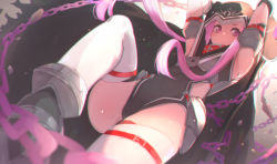 Rule 34 | 1girl, arms up, black cloak, black footwear, black leotard, blurry, blurry foreground, chain, cloak, closed mouth, commentary request, covered navel, depth of field, fate/grand order, fate (series), hood, hood up, hooded cloak, leotard, long hair, looking at viewer, md5 mismatch, medusa (fate), medusa (lancer) (fate), medusa (rider) (fate), pink hair, purple eyes, resolution mismatch, revision, rider, sidelocks, solo, source larger, thighhighs, torn cloak, torn clothes, tostos, very long hair, white thighhighs