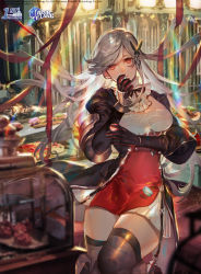 Rule 34 | 1girl, absurdres, azur lane, black thighhighs, breasts, cake, cleavage, cleavage cutout, clothing cutout, commentary, doughnut, dunkerque (azur lane), english commentary, food, fori, gloves, grey hair, hair ornament, highres, indoors, large breasts, long hair, looking at viewer, macaron, orange eyes, sidelocks, smile, solo, sweets, thighhighs, thighs