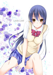 10s 1girl :o blue_hair blue_skirt blush breasts brown_eyes copyright_name covering_crotch covering_privates female_focus long_hair looking_at_viewer love_live! love_live!_school_idol_project medium_breasts school_uniform skirt solo sonoda_umi sweater_vest tomosuke