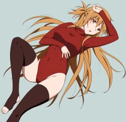 Rule 34 | 1girl, :o, arm on own head, arm under breasts, asuna (sao), braid, breasts, brown eyes, brown hair, brown thighhighs, female focus, foot out of frame, groin, highres, knee up, large breasts, leotard, leotard sweater, long hair, long sleeves, looking at viewer, lying, no shoes, on back, open mouth, puge, red leotard, red sweater, simple background, solo, sweater, sword art online, thighhighs, toeless legwear, very long hair