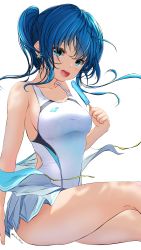 Rule 34 | 1girl, absurdres, aigami kaon, blue eyes, blue hair, commentary request, competition swimsuit, cowboy shot, food, garter-velvet, highres, long hair, looking at viewer, one-piece swimsuit, open mouth, original, pleated skirt, ponytail, popsicle, round teeth, unworn shirt, simple background, sitting, skirt, smile, solo, swimsuit, swimsuit under clothes, teeth, upper teeth only, white background, white skirt, white one-piece swimsuit