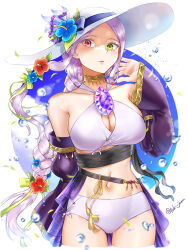 Rule 34 | 1girl, absurdres, alternate costume, alternate hairstyle, arm behind back, bikini, blue sky, braid, braided ponytail, breasts, cleavage, cloak, collarbone, cowboy shot, dragon girl, fire emblem, fire emblem: the binding blade, flower, gem, gold collar, green eyes, hair flower, hair ornament, hand up, hat, heterochromia, highres, idunn (fire emblem), large breasts, long hair, long sleeves, looking at viewer, mature female, navel, nintendo, parted lips, pointy ears, purple bikini, purple cloak, purple gemstone, purple hair, purple robe, red eyes, robe, single braid, sky, solo, sun hat, swimsuit, tsukimura (d24f4z8j3t), water drop, white bikini