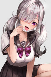 Rule 34 | 1girl, ahoge, blunt bangs, bow, breasts, collarbone, commentary request, cowboy shot, eyelashes, eyes visible through hair, eyeshadow, fangs, grey background, hair ornament, hair over one eye, hairclip, hand up, highres, konkito, large breasts, leaning forward, long hair, makeup, mask, mask pull, mole, mole under eye, mouth mask, nijisanji, official alternate costume, pleated skirt, purple bow, purple eyes, purple neckwear, school uniform, serafuku, sharp teeth, shirt, short sleeves, sidelocks, silver hair, skirt, solo, sukoya kana, surgical mask, teeth, tongue, tongue out, twintails, virtual youtuber, white shirt