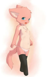 Rule 34 | 1girl, animal ears, animal hands, blue eyes, fang, female focus, flat chest, full body, furry, furry female, gradient background, kagerofu, nipples, open mouth, panties, pink hair, socks, solo, tail, thighhighs, topless, underwear, white background