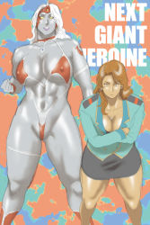 Rule 34 | 1girl, abs, abstract background, annoyed, armband, armor, bikini armor, blank eyes, blazer, bracer, breasts, brown hair, choker, cleavage, colored skin, cover, covered erect nipples, crossed arms, dual persona, earrings, extra lady, facial mark, giant, giantess, grey skin, groin, halterneck, headpiece, highleg, highres, hip focus, jacket, jewelry, large breasts, legband, long hair, looking at viewer, mousou tokusatsu series ultramadam, muscular, nappii (nappy happy), navel, necklace, ohtori ryuko, original, parody, pasties, revealing clothes, shiny skin, silver hair, skirt, solo, thick thighs, thighs, ultra series, uniform, wide hips, yellow eyes