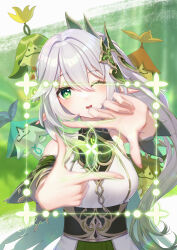 Rule 34 | 1girl, 4others, ;d, absurdres, adapted costume, aged up, alternate costume, aranara (genshin impact), armpits, blurry, bracelet, commentary request, depth of field, detached sleeves, finger frame, genshin impact, gradient hair, green eyes, hair between eyes, hair ornament, head tilt, highres, jewelry, leaf hair ornament, lightria, looking at viewer, multicolored hair, multiple others, nahida (genshin impact), one eye closed, open mouth, outdoors, pointy ears, short sleeves, side ponytail, sidelocks, smile, streaked hair, symbol-shaped pupils, two-tone hair, white hair