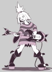 Rule 34 | 1girl, bass guitar, boots, bra strap, creatures (company), dress, flat chest, forehead, game freak, gym leader, hair bobbles, hair ornament, highres, instrument, kurovah, music, nintendo, platform boots, platform footwear, pokemon, pokemon bw2, roxie (pokemon), shadow, singing, solo, standing, strapless, strapless dress, striped clothes, striped dress, topknot