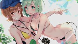 Rule 34 | 2girls, areola slip, bare shoulders, between breasts, bikini, blouse, blush, breasts, brown eyes, camera, choker, cleavage, collarbone, cutie honey universe, dual persona, earrings, eyelashes, flash honey, gloves, green eyes, green gloves, green hair, grin, hat, hug, idol honey, jewelry, kujou ichiso, leaf, looking at viewer, medium breasts, midriff, multiple girls, navel, official art, open mouth, outdoors, parted bangs, raised eyebrows, shirt, short hair, sidelocks, smile, strap between breasts, sunlight, swimsuit, torn clothes, v, yellow bikini, yellow shirt