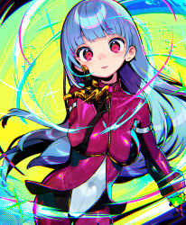 Rule 34 | 1girl, blue hair, blunt bangs, blush, bodysuit, chaps, cropped jacket, cryokinesis, gloves, kula diamond, long hair, looking at viewer, onono imoko, open mouth, pink eyes, smile, solo, standing, the king of fighters, yellow background, zipper