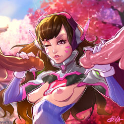 Rule 34 | 1girl, 2boys, boy sandwich, breastless clothes, breasts, breasts out, brown hair, character name, d.va (overwatch), disembodied penis, double handjob, facial mark, fur trim, gloved handjob, gloves, group sex, handjob, headphones, jacket, large penis, lips, lipstick, long hair, looking at viewer, makeup, mmf threesome, multiple boys, multiple girls, multiple penises, nipples, nose, one eye closed, open clothes, outdoors, overwatch, overwatch 1, penis, purple eyes, sandwiched, small breasts, smile, solo focus, threesome, uncensored, upper body, vintem, whisker markings, white gloves