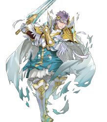 Rule 34 | 1boy, aqua eyes, arm guards, armor, blue hair, boots, broken armor, cape, clenched teeth, feather trim, fire emblem, fire emblem heroes, full body, gauntlets, gloves, highres, holding, holding sword, holding weapon, hrid (fire emblem), knee boots, long sleeves, looking away, maeshima shigeki, male focus, multicolored hair, nintendo, non-web source, official art, one eye closed, pants, puffy sleeves, short hair, shoulder armor, silver hair, solo, striped, sword, teeth, torn clothes, transparent background, weapon