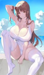 Rule 34 | 1girl, artist name, between legs, blue sky, blush, breasts, cleavage, closed mouth, cloud, cloudy sky, commentary, covered navel, curvy, damda, day, hand between legs, hand in own hair, large breasts, lips, long hair, looking at viewer, ocean, one-piece swimsuit, original, outdoors, sitting, sky, smile, solo, swimsuit, thick thighs, thighhighs, thighs, white one-piece swimsuit, white thighhighs, yellow eyes