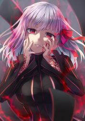 Rule 34 | 1girl, black dress, body markings, bow, breasts, commentary, dark persona, dark sakura, dress, fate/stay night, fate (series), funyariko, gradient hair, grey hair, hair bow, hands on own face, hands up, head tilt, heaven&#039;s feel, highres, long hair, long sleeves, looking at viewer, matou sakura, medium breasts, multicolored hair, nail polish, parted lips, pink nails, purple hair, red bow, red eyes, revision, sleeves past wrists, solo, upper body, wide sleeves