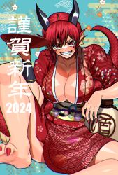 Rule 34 | 1girl, 2024, akisu k, breasts, chinese zodiac, collarbone, commentary request, cup, dragon girl, dragon tail, egasumi, facial mark, fingernails, floral print, grin, happy new year, huge breasts, japanese clothes, kikumon, kimono, legs, long fingernails, looking past viewer, new year, obi, open clothes, open kimono, original, outline, patterned background, print kimono, red eyes, red hair, red nails, red scales, sakazuki, sash, scales, seigaiha, sharp fingernails, sharp toenails, short hair, sidelocks, single vambrace, sitting, smile, solo, tail, thighs, toenails, translation request, vambraces, year of the dragon