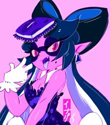 Rule 34 | 1girl, bad id, bad tumblr id, breasts, callie (splatoon), character name, cleavage, colored skin, detached collar, dress, earrings, food, food on head, gloves, inkling, jewelry, long hair, mole, nintendo, object on head, open mouth, pointy ears, purple skin, purple theme, ramchild, red eyes, slit pupils, small breasts, solo, splatoon (series), splatoon 1, sushi, tentacle hair, white gloves