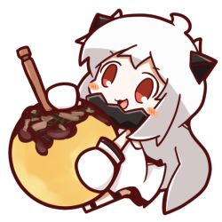 Rule 34 | 10s, 1girl, abyssal ship, ahoge, bad id, bad twitter id, blush stickers, chibi, dress, food, kantai collection, long hair, mittens, northern ocean princess, nuu (nu-nyu), red eyes, simple background, takoyaki, white background, white dress, white hair