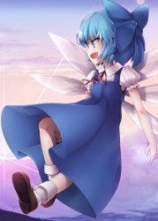 Rule 34 | &gt;:d, 1girl, :d, bad id, bad pixiv id, bare arms, blue dress, blue eyes, blue hair, blue ribbon, brown footwear, cirno, cloud, cloudy sky, collared shirt, commentary request, dress, fairy wings, fang, flying, full body, gradient sky, hair ribbon, highres, mountain, neck ribbon, open mouth, puffy short sleeves, puffy sleeves, ribbon, shirt, shoes, short hair, short sleeves, sky, smile, socks, solo, sunlight, tanyatonya, touhou, v-shaped eyebrows, white shirt, white socks, wings