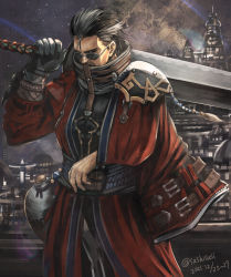 Rule 34 | 1boy, auron, beads, belt, black hair, bottle, city, dated, facial hair, final fantasy, final fantasy x, flask, gloves, holding, holding sword, holding weapon, katana, lips, looking at viewer, male focus, multiple belts, mustache, night, night sky, one eye closed, over shoulder, sake bottle, samurai, scar, simple background, sky, solo, square enix, star (sky), starry sky, sunglasses, sushi (sashimise), sword, twitter username, weapon, weapon over shoulder