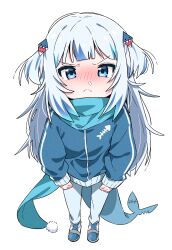 Rule 34 | 1girl, :&lt;, blue eyes, blue footwear, blue hair, blue jacket, blue pants, blue scarf, blush, closed mouth, fins, fish tail, from above, full body, gawr gura, grey hair, hair ornament, highres, hololive, hololive english, jacket, long hair, long sleeves, looking at viewer, looking up, multicolored hair, nose blush, pants, scarf, shark tail, shoes, simple background, sleeves past wrists, snot, solo, standing, streaked hair, tail, tosyeo, track jacket, two side up, very long hair, virtual youtuber, white background
