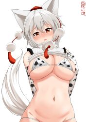 Rule 34 | 1girl, absurdres, animal ears, animal print, bikini, blush, breasts, cleavage, clothes lift, covered erect nipples, cow print, elbow gloves, gloves, hat, highres, imai kusu, inubashiri momiji, large breasts, looking at viewer, navel, open mouth, pom pom (clothes), red eyes, shirt, shirt lift, short hair, simple background, solo, stomach, swimsuit, tail, tokin hat, touhou, upper body, white background, white bikini, white gloves, white hair, white shirt, wolf ears, wolf girl, wolf tail