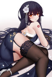 Rule 34 | 1girl, ass, azuma (azur lane), azuma (soft voice of spring) (azur lane), azur lane, back, backless dress, backless outfit, bare shoulders, black gloves, black hair, black thighhighs, blue dress, blush, breasts, china dress, chinese clothes, dress, eternity (shadeh), floral print, flower, garter straps, gloves, hair between eyes, hair flower, hair ornament, half gloves, high heels, highres, large breasts, long hair, looking at viewer, lying, on side, orange eyes, parted lips, shoulder tattoo, solo, tattoo, thighhighs, thighs, white background, white flower, white footwear