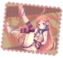 Rule 34 | 1girl, ahoge, android, bad id, bad pixiv id, belt, boots, dress, female focus, full body, gloves, headphones, headset, highres, joints, kneehighs, long hair, maimu (polka), red eyes, red hair, robot joints, sf-a2 miki, smile, socks, solo, star (symbol), striped clothes, striped gloves, striped socks, vocaloid, wrist cuffs