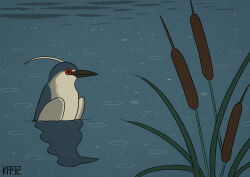 Rule 34 | antenna hair, artist logo, bird, cattail, flat color, from side, heron, ka92, nature, no humans, original, outdoors, partially submerged, plant, pond, rain, reflection, signature, water