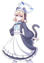 Rule 34 | 1girl, absurdres, animal ear headphones, animal ears, ao (blue archive), apron, black dress, blonde hair, blue archive, blue eyes, blue halo, blush, cat tail, closed mouth, dress, fake animal ears, frilled apron, frilled dress, frills, halo, headphones, highres, long sleeves, looking at viewer, maid, maid apron, maid headdress, mugisepa, pantyhose, puffy long sleeves, puffy sleeves, shaded face, short hair, simple background, smirk, solo, tail, white apron, white background, white pantyhose