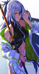Rule 34 | 1girl, abs, absurdres, black hair, breasts, closed mouth, commentary request, fate/grand order, fate (series), hair between eyes, highres, holding, holding polearm, holding weapon, jacket, lc butter, long hair, long sleeves, looking at viewer, medium breasts, midriff, multicolored hair, nagao kagetora (fate), navel, off shoulder, open clothes, open jacket, polearm, shorts, simple background, smile, solo, spear, stomach, two-tone hair, very long hair, weapon, white background, white hair, white jacket, white shorts, yellow eyes