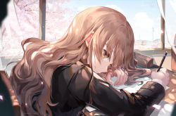 Rule 34 | 1girl, a maru, absurdres, bad id, bad pixiv id, black jacket, brown eyes, brown hair, cherry blossoms, closed mouth, commentary request, day, desk, from side, head rest, highres, holding, holding pen, indoors, jacket, long hair, long sleeves, looking at viewer, original, paper, pen, smile, solo, upper body, wavy hair, window