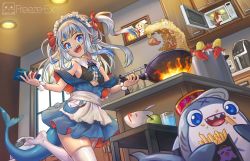 Rule 34 | 1girl, absurdres, among us, apple, apron, artist name, black shirt, bloop (gawr gura), blue eyes, blue hair, blue skirt, bow, bowl, breasts, cellphone, cooking, corn cob, cup, drinking glass, dutch angle, food, freeze-ex, french fries, fried rice, fruit, frying pan, gawr gura, hair bow, highres, holding, holding frying pan, holding phone, hololive, hololive english, indoors, kitchen, lobster, long hair, looking at viewer, maid apron, maid headdress, microwave, multicolored hair, no shoes, off shoulder, open mouth, phone, red bow, sharp teeth, shirt, shrimp, skindentation, skirt, small breasts, smartphone, smile, solo, spatula, spoon, streaked hair, table, takodachi (ninomae ina&#039;nis), teeth, thighhighs, virtual youtuber, waist apron, watson amelia, white apron, white hair, wrist cuffs
