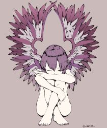 Rule 34 | 1girl, animal ears, barefoot, bird wings, closed eyes, convenient censoring, covered mouth, egret, female focus, flat color, full body, highres, mystia lorelei, nail polish, nude, purple background, short hair, simple background, sitting, solo, touhou, twitter username, wings