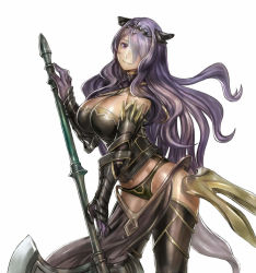 Rule 34 | 10s, 1girl, 2017, armor, axe, black armor, black footwear, black panties, boots, breasts, camilla (fire emblem), cleavage, docoi, fire emblem, fire emblem fates, hair ornament, hair over one eye, huge weapon, large breasts, light purple hair, lips, loincloth, long hair, looking at viewer, navel, nintendo, panties, purple eyes, purple hair, shiny clothes, shiny skin, sidelocks, simple background, smile, solo, thigh boots, thighhighs, thighs, tiara, underwear, vambraces, wavy hair, weapon, white background