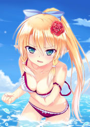 Rule 34 | 10s, 1girl, alternate costume, bikini, blue eyes, blush, bow, breasts, cleavage, clenched hand, feijitian, flower, frilled bikini, frills, hair bow, hair flower, hair ornament, leafa, long hair, looking at viewer, ocean, off shoulder, partially submerged, pointy ears, ponytail, solo, strap slip, swimsuit, sword art online, wading