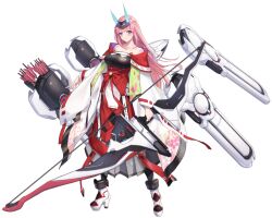 Rule 34 | 1girl, archery, arrow (projectile), artist request, bare shoulders, black socks, blunt bangs, blush, bow (weapon), character request, closed mouth, collarbone, fake horns, final gear, floral print, floral print hakama, flower (symbol), grey hakama, hakama, hakama skirt, headpiece, highres, holding, holding bow (weapon), holding weapon, horizontal-striped hakama, horns, japanese clothes, jewelry, knot, kyuudou, layered clothes, long hair, long sleeves, looking at viewer, mecha musume, multicolored clothes, multicolored footwear, off shoulder, official art, parted lips, pink eyes, pink hair, red ribbon, ribbon, ribbon-trimmed sleeves, ribbon trim, sidelocks, simple background, skirt, smile, socks, solo, standing, striped clothes, striped hakama, text print, third-party source, transparent background, very long hair, weapon, white footwear, wide sleeves, yumi (bow)