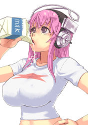 Rule 34 | 1girl, breasts, drinking, hand on own hip, headphones, impossible clothes, impossible shirt, large breasts, milk, milk carton, nitroplus, pink hair, purple eyes, shirt, simple background, solo, super sonico, upper body, white background, yuuji (and)
