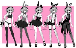 Rule 34 | 1boy, animal ears, astolfo (fate), belt, braid, crossdressing, fate/apocrypha, fate (series), full body, greyscale, greyscale with colored background, hair between eyes, hair ribbon, haoro, leotard, long hair, looking at viewer, male focus, midriff, monochrome, multiple views, navel, pantyhose, pink background, rabbit ears, ribbon, short shorts, shorts, simple background, single braid, skirt, smile, standing, tagme, trap