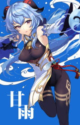 Rule 34 | 1girl, ahoge, ashita (2010), bare shoulders, bell, black gloves, blue background, blue hair, blush, bodysuit, breasts, brown bodysuit, detached sleeves, dress, elbow gloves, ganyu (genshin impact), genshin impact, gloves, highres, horns, large breasts, long hair, looking at viewer, orb, outstretched arm, parted lips, purple eyes, thighs, water, white dress