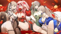 Rule 34 | 4girls, alternate costume, anchorage (azur lane), arched back, ass, asymmetrical docking, azur lane, between breasts, bird, black ribbon, blue dress, blush stickers, breast press, breasts, bremerton (azur lane), bun cover, charybdis (azur lane), chick, copyright name, crossed legs, detached sleeves, double bun, dress, earrings, eyewear on head, feather boa, floral print, formidable (azur lane), frilled sleeves, frills, from behind, garter belt, green dress, grey eyes, grey hair, hair between eyes, hair bun, hair ornament, hair ribbon, heart, heart-shaped eyewear, heart hair ornament, heart pasties, highres, holding, hougu souji, huge breasts, jewelry, large breasts, loading screen, long hair, looking at viewer, manjuu (azur lane), mouth hold, multicolored hair, multiple girls, official art, one eye closed, panties, partially unzipped, pasties, profile, red-framed eyewear, red dress, ribbon, sitting, skindentation, smile, streaked hair, stud earrings, sunglasses, thighhighs, thighs, twintails, two-tone ribbon, underboob, underwear, white ribbon, wide sleeves, zipper, zipper pull tab