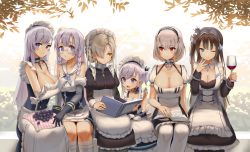 Rule 34 | 6+girls, absurdres, apron, azur lane, bare shoulders, belfast (azur lane), black dress, black gloves, blue eyes, book, braid, breasts, brown hair, choker, cleavage, closed mouth, collar, collarbone, commentary request, cup, detached collar, detached sleeves, dress, drinking glass, edinburgh (azur lane), food, frilled dress, frills, fruit, gloves, grapes, grey hair, hair bun, hair over one eye, hand up, highres, holding, holding book, holding cup, huge filesize, juliet sleeves, kiyosato 0928, large breasts, little bel (azur lane), long hair, long sleeves, looking at viewer, maid, maid apron, maid headdress, medium breasts, multiple girls, newcastle (azur lane), one eye closed, open mouth, orange eyes, pantyhose, plaid, puffy sleeves, purple eyes, red eyes, sheffield (azur lane), short hair, single hair bun, sirius (azur lane), sitting, smile, twin braids, white gloves, white legwear, wine glass, wing collar