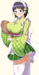 Rule 34 | 1girl, black hair, blue eyes, blush, breasts, closed mouth, garter straps, green kimono, green skirt, hair ornament, highres, holding, holding tray, japanese clothes, kawase seiki, kimono, kirigaya suguha, large breasts, looking at viewer, maid, maid headdress, pleated skirt, sash, shiny clothes, short hair, skirt, smile, solo, standing, sword art online, thighhighs, tray, wa maid, white thighhighs