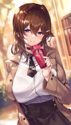 Rule 34 | 1girl, black choker, black necktie, black skirt, blue eyes, blurry, blurry background, box, breasts, brown coat, brown hair, choker, coat, commentary, eyes visible through hair, gift, gift box, hair between eyes, hair intakes, hair ornament, hairclip, highres, ks (xephyrks), large breasts, light blush, long hair, long sleeves, looking at viewer, necktie, open clothes, open coat, original, outdoors, parted lips, shirt, skirt, smile, solo, valentine, white shirt