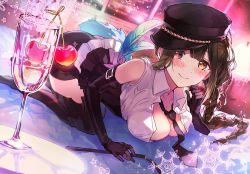 Rule 34 | 1girl, ahoge, bare shoulders, black gloves, black shorts, blush, braid, breast rest, breasts, brown eyes, brown hair, cherry, cleavage, closed mouth, collarbone, cup, drinking glass, elbow gloves, food, fruit, gloves, hat, holding, holding whip, idolmaster, idolmaster shiny colors, indoors, kuwayama chiyuki, lamp, large breasts, long braid, long hair, peaked cap, roudo (idolnoatm), shirt, shorts, single braid, smile, solo, thighhighs, white shirt, window