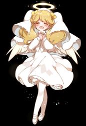 Rule 34 | 1girl, :d, black background, blonde hair, blush, copyright request, dress, closed eyes, facing viewer, full body, halo, hands up, long sleeves, mamaloni, open mouth, pantyhose, shoes, simple background, smile, solo, twintails, veil, white dress, white footwear, white pantyhose