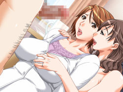 Rule 34 | 1boy, 2girls, breasts, brown eyes, brown hair, censored, clothed female nude female, clothed female nude male, complets, curvy, dutch angle, game cg, grabbing, grabbing another&#039;s breast, censored, indoors, jewelry, kouyama kumi, large breasts, lipstick, long hair, makeup, mama club sankan, mature female, mosaic censoring, multiple girls, naughty face, nude, open mouth, penis, ring, short hair, standing, toyooka mie, wedding ring