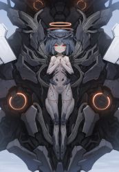 Rule 34 | 1girl, ace combat, ace combat 7: skies unknown, airborne aircraft carrier, arsenal bird, arsenal bird (justice), blue hair, breasts, drone, glowing, half-closed eyes, halo, headgear, highres, joints, mecha, mecha musume, military, military vehicle, mother ship, no feet, own hands clasped, own hands together, pale skin, personification, red eyes, robot, robot joints, ship, small breasts, tom-neko (zamudo akiyuki), unmanned aerial vehicle, unmanned combat aerial vehicle, watercraft, weapon