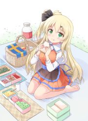 apron barefoot bento blonde_hair blush bottle character_request cinderella_nine cinderella_series dress food green_eyes long_hair looking_at_viewer milk_bottle orange_dress picnic picnic_basket picnic_blanket sandwich shizuna_kaede sitting smile surstromming sweden swedish_flag tongue tongue_out very_long_hair waist_apron wariza