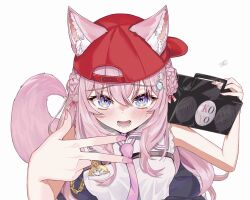 Rule 34 | 1girl, animal ear fluff, animal ears, baseball cap, blush, boombox, braid, braided bun, chemical structure, embarrassed, fang, from above, hair bun, hair ornament, hakui koyori, hat, highres, holding boombox, hololive, long hair, looking at viewer, necktie, nose blush, open mouth, pink hair, pink nails, pink necktie, pocket watch, purple eyes, shirt, signature, simple background, sleeveless, sleeveless shirt, smile, solo, sweatdrop, tail, takion, upper body, virtual youtuber, w, watch, white background, white shirt, wolf ears, wolf girl, wolf tail