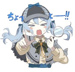 Rule 34 | 1girl, bang dream!, blue hair, cape, closed eyes, collared shirt, ground pound (gupaaaa), hair between eyes, hat, holding, light blue hair, long hair, matsubara kanon, open mouth, pointing, shirt, sketch, solo, sweatdrop, twintails, white background